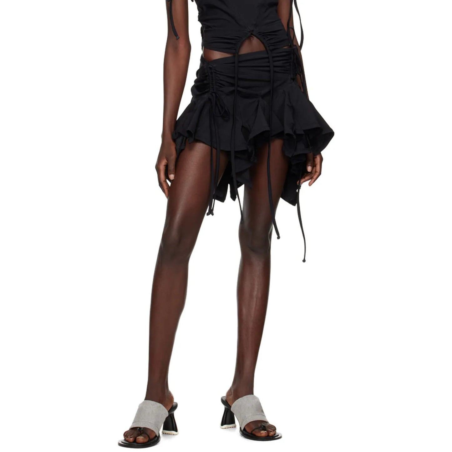 Women Solid Color Gothic Punk Irregular Skirts Summer Fashion Drawstring Tie-Up Ruched Ruffles Mini Skirt Black/White