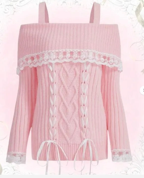 maoxiangshopWomen's Cold Shoulder Sweaters Long Sleeve Contrast Lace Knit Pullovers Bow Front Jumper Tops