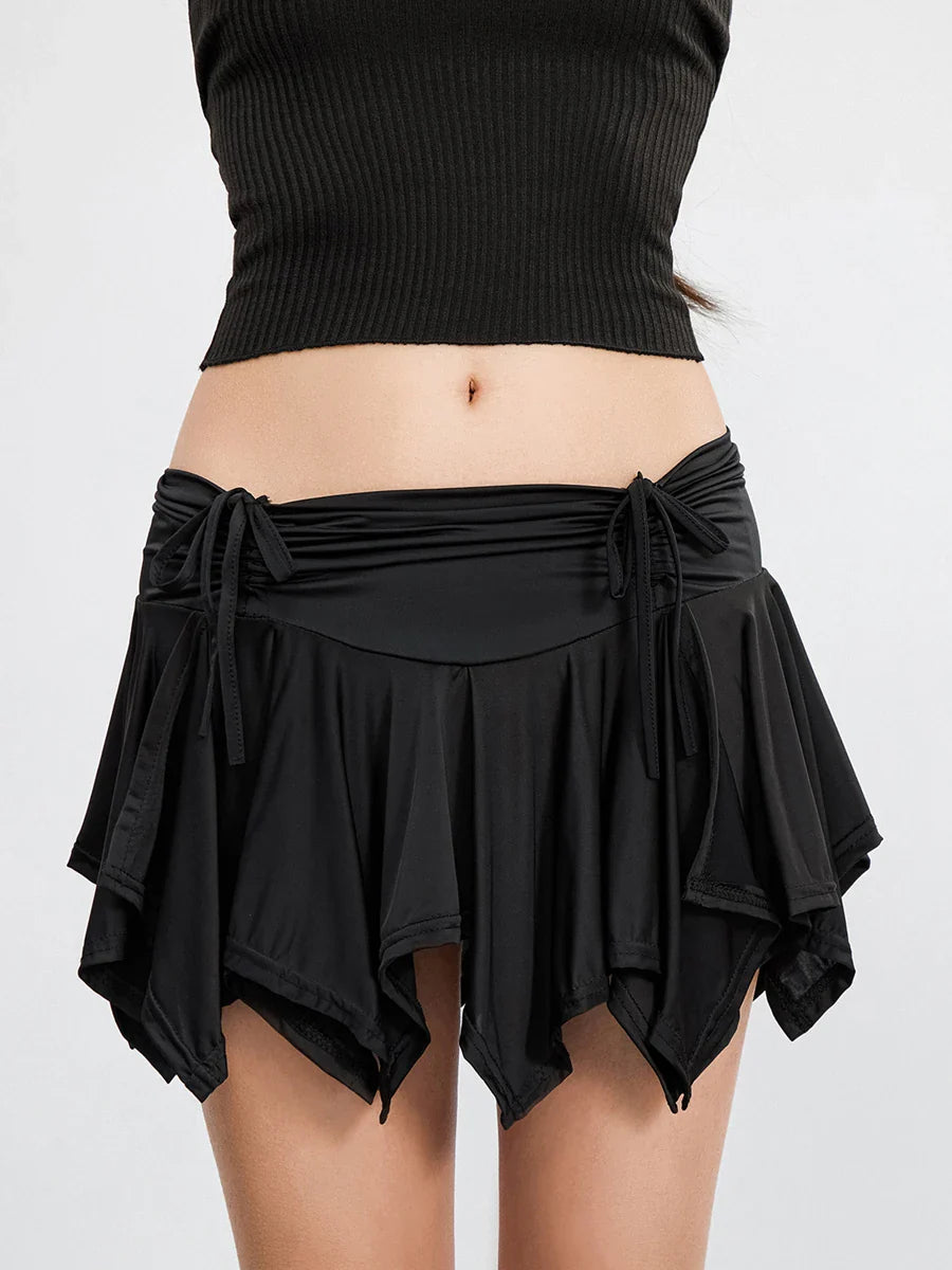 Women Solid Color Gothic Punk Irregular Skirts Summer Fashion Drawstring Tie-Up Ruched Ruffles Mini Skirt Black/White