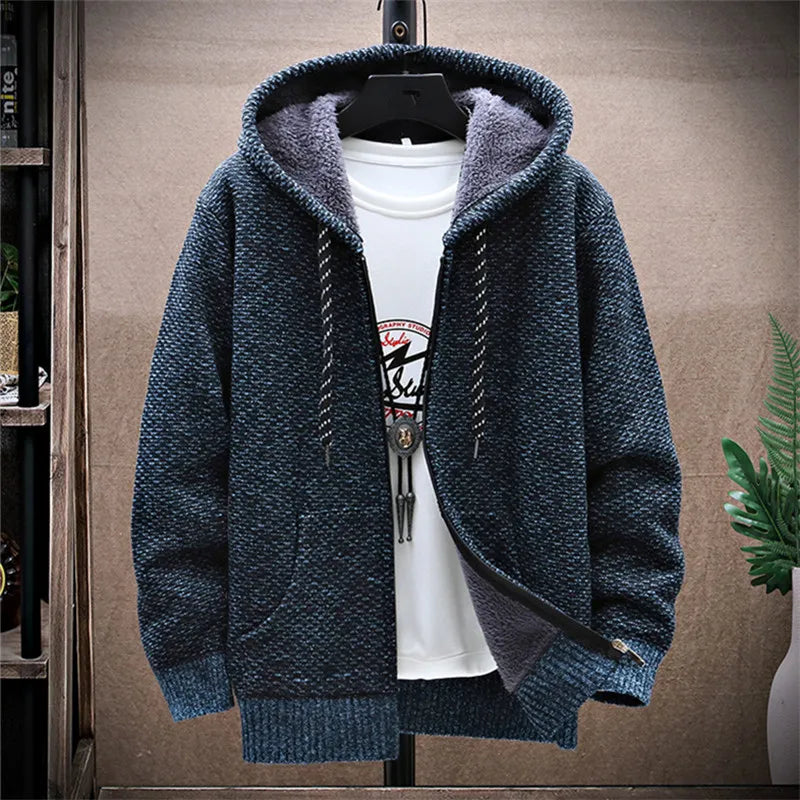 maoxiangshop Winter Fleece Sweatercoat Men Thick Warm Hooded Kintted Mens Sweater Cardigan Solid Casual Knitting Jacket Coat Male Clothing
