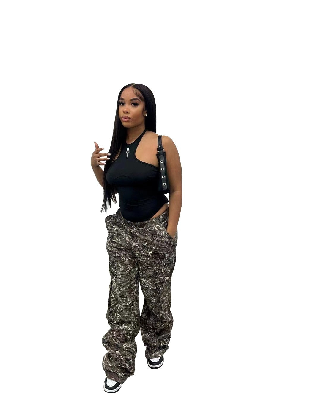 maoxiangshopCamo Flare Cargo Pants For Women High Waist Big Size Camouflage Print Baggy Techwear Patchwork Pocket Summer Streetwear Trousers