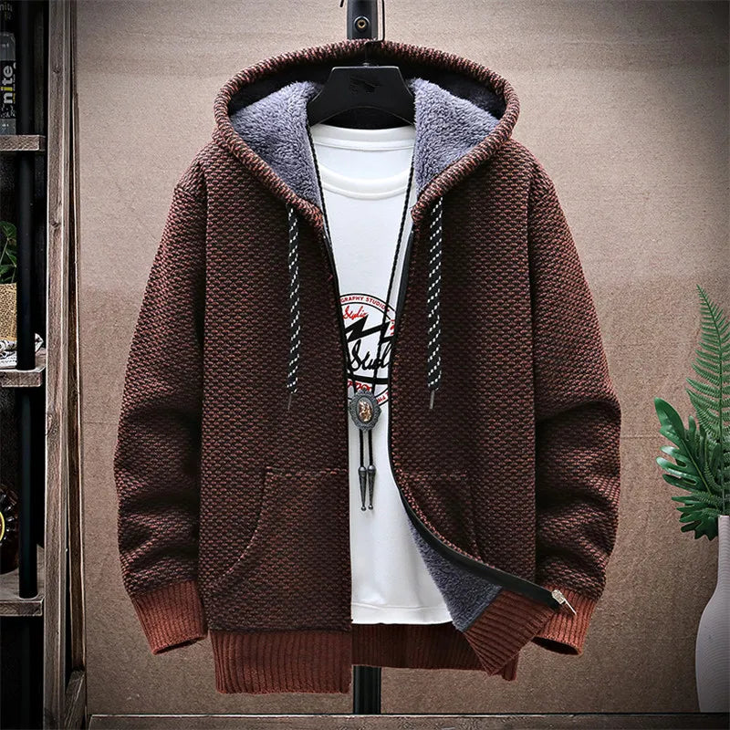 maoxiangshop Winter Fleece Sweatercoat Men Thick Warm Hooded Kintted Mens Sweater Cardigan Solid Casual Knitting Jacket Coat Male Clothing