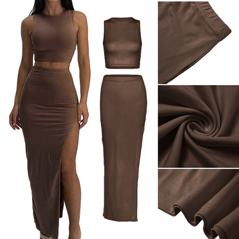 maoxiangshopTwo Piece Skirt Set Women's Suit y2k Clothes Summer Sexy Outfit Cropped Top and Split Skirt Chic Elegant Female Clothing