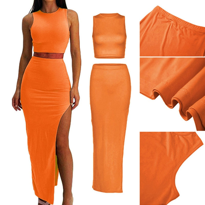 maoxiangshopTwo Piece Skirt Set Women's Suit y2k Clothes Summer Sexy Outfit Cropped Top and Split Skirt Chic Elegant Female Clothing