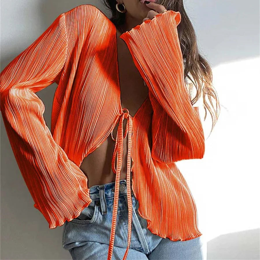 maoxiangshop1 wsevypo Women Pleated Plain Shirts Spring Fall Chic Long Flare Sleeve V- Neck Tie Up Cardigans Tops for Casual Party Street