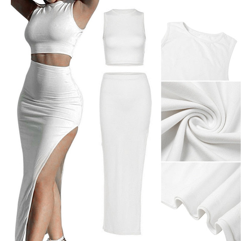 maoxiangshopTwo Piece Skirt Set Women's Suit y2k Clothes Summer Sexy Outfit Cropped Top and Split Skirt Chic Elegant Female Clothing