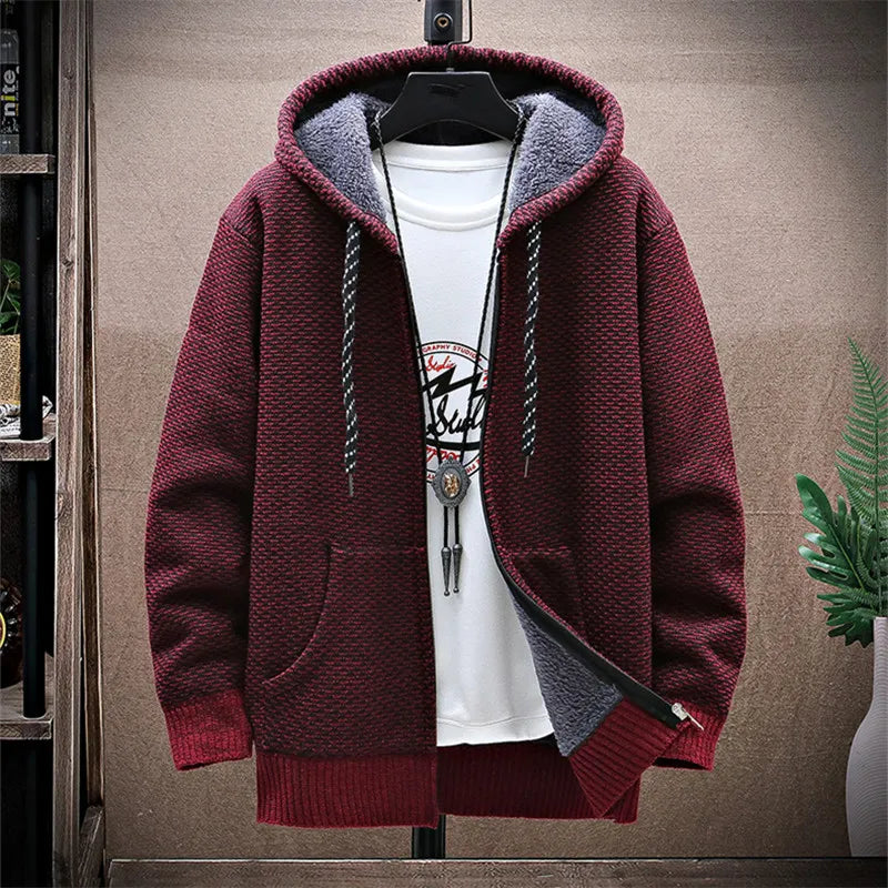 maoxiangshop Winter Fleece Sweatercoat Men Thick Warm Hooded Kintted Mens Sweater Cardigan Solid Casual Knitting Jacket Coat Male Clothing