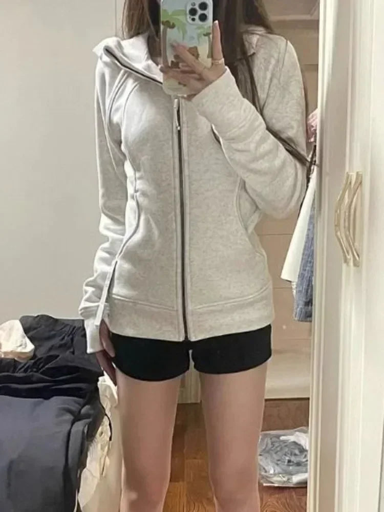 maoxiangshop American Vintage Cropped Hoodies Women Korean Style Streetwear Grey Zip Up Hooded Sweatshirt Casual Y2k Slim Hood Shirt