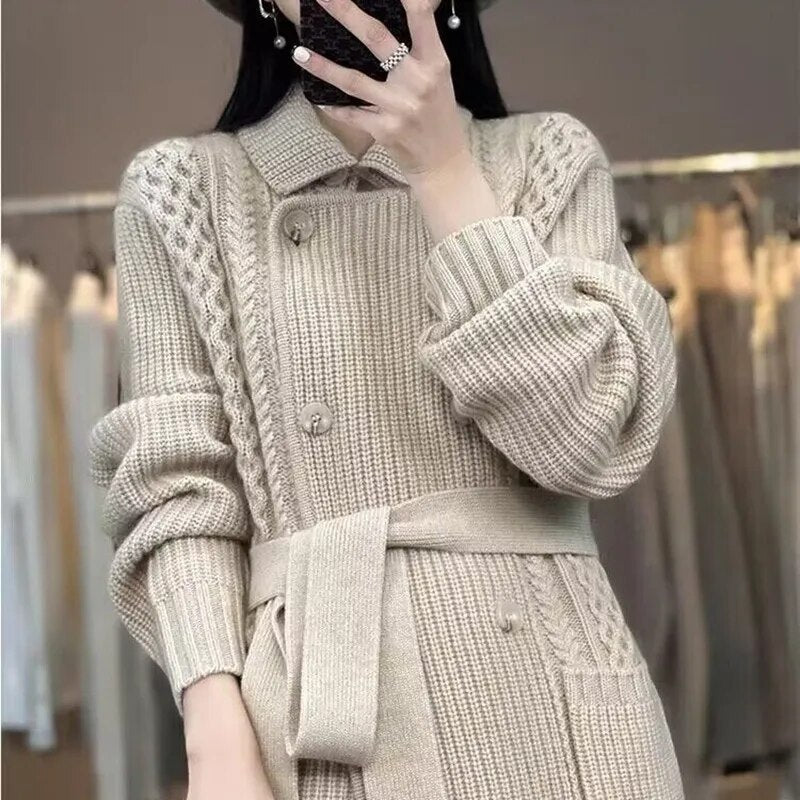 maoxiangshopCasual Knitted Cardigan Oversize Single Breasted Sweaters Korean Woman Knitwear Tops Thick Coat Elegant Suit Collar Sweater Coat