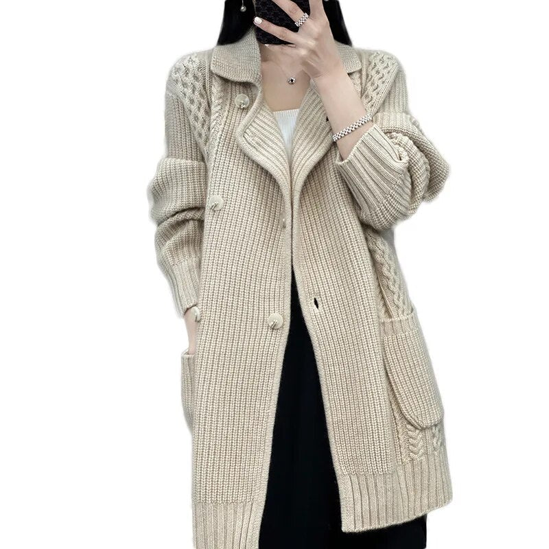 maoxiangshopCasual Knitted Cardigan Oversize Single Breasted Sweaters Korean Woman Knitwear Tops Thick Coat Elegant Suit Collar Sweater Coat