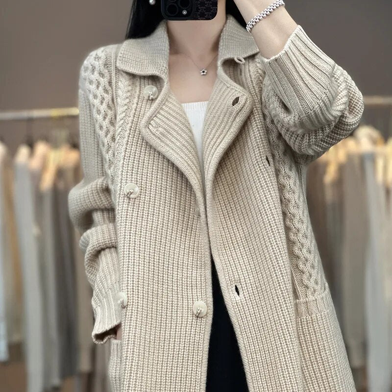 maoxiangshopCasual Knitted Cardigan Oversize Single Breasted Sweaters Korean Woman Knitwear Tops Thick Coat Elegant Suit Collar Sweater Coat