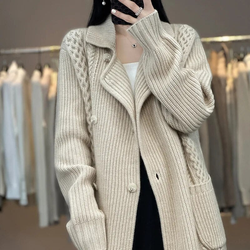 maoxiangshopCasual Knitted Cardigan Oversize Single Breasted Sweaters Korean Woman Knitwear Tops Thick Coat Elegant Suit Collar Sweater Coat