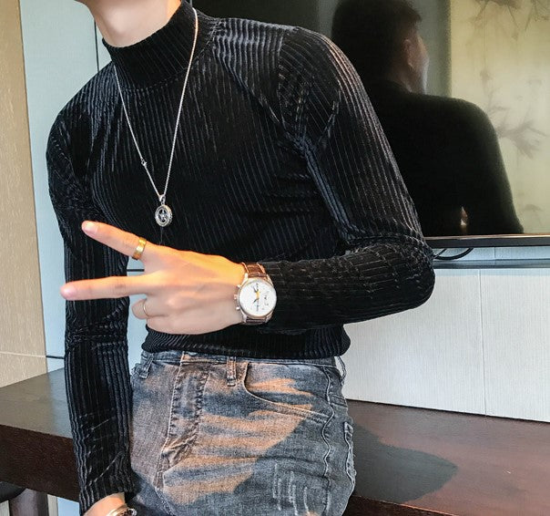 maoxiangshop Velvet Turtleneck T-Shirt Fall Winter Slim Striped Casual T-Shirt Men Long Sleeve Tight T-Shirt Club Costume Camiseta Homme