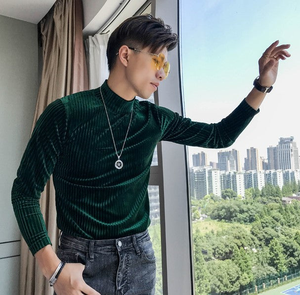 maoxiangshop Velvet Turtleneck T-Shirt Fall Winter Slim Striped Casual T-Shirt Men Long Sleeve Tight T-Shirt Club Costume Camiseta Homme