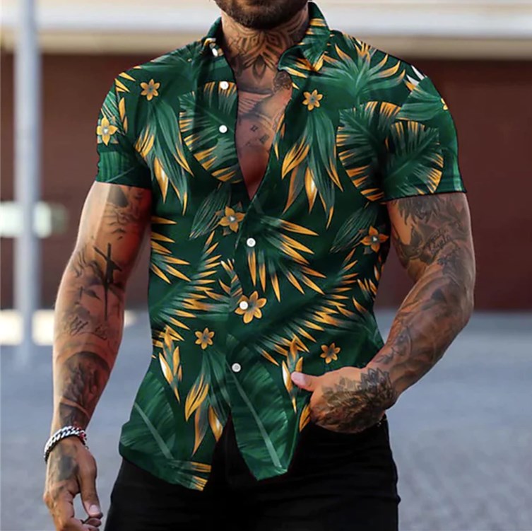 maoxiangshop Hot Sale Men's Hawaii Shirt casual slim Turn-down Collar Short Sleeve Shirt Casual brand printed monogram shirt