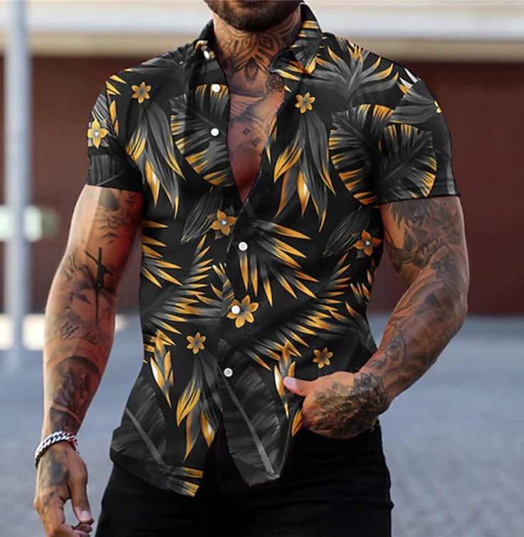 maoxiangshop Hot Sale Men's Hawaii Shirt casual slim Turn-down Collar Short Sleeve Shirt Casual brand printed monogram shirt