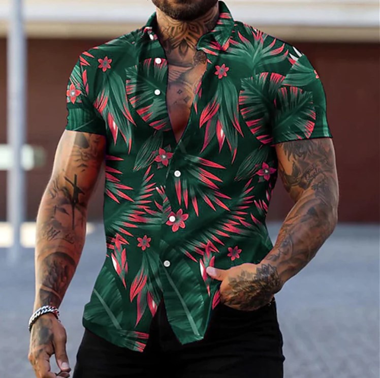 maoxiangshop Hot Sale Men's Hawaii Shirt casual slim Turn-down Collar Short Sleeve Shirt Casual brand printed monogram shirt