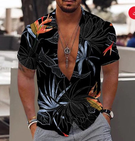 maoxiangshop Hot Sale Men's Hawaii Shirt casual slim Turn-down Collar Short Sleeve Shirt Casual brand printed monogram shirt
