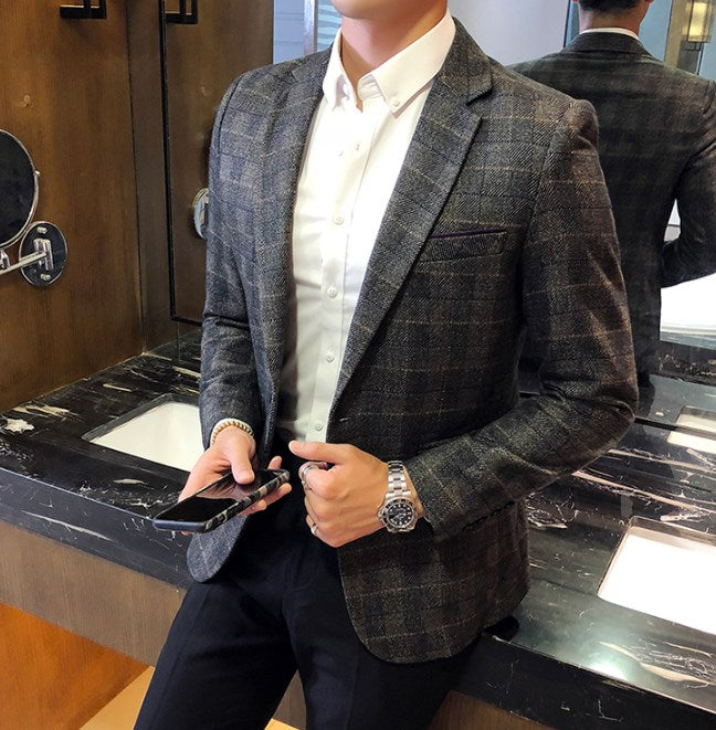 maoxiangshop Men Plaid Blazer Jackets Short Coat Single Breasted Full Sleeve Vintage Autumn Winter Fashion Men's Blazers Jacket