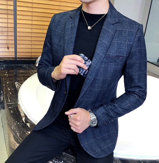 maoxiangshop Men Plaid Blazer Jackets Short Coat Single Breasted Full Sleeve Vintage Autumn Winter Fashion Men's Blazers Jacket