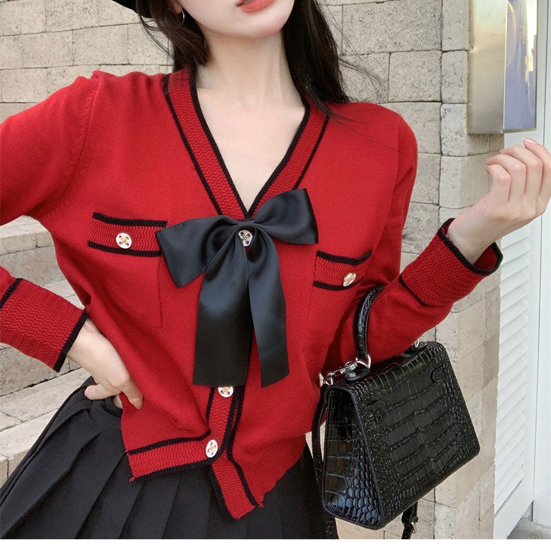 Knitted Cardigan Female Red Short Fashion Sweater women's Loose Bow Solid Long-Sleeved Kawaii Autumn High-Waist Knitted Top