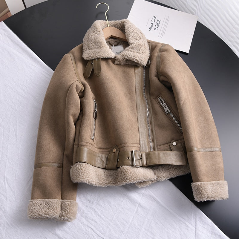 maoxiangshop Winter Women Thick Warm Suede Lamb Jacket Short Motorcycle Brown Coats Faux Shearling Sheepskin Leather Jackets Outwear