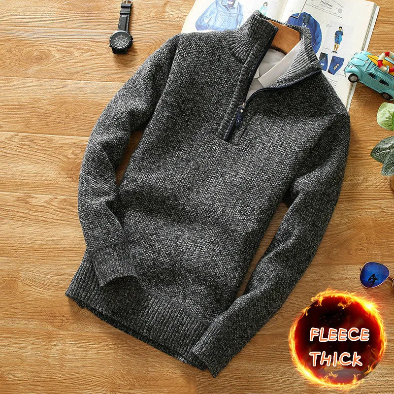 maoxiangshop Winter Men's Fleece Thicker Sweater Half Zipper Turtleneck Warm Pullover Quality Male Slim Knitted Wool Sweaters for Spring