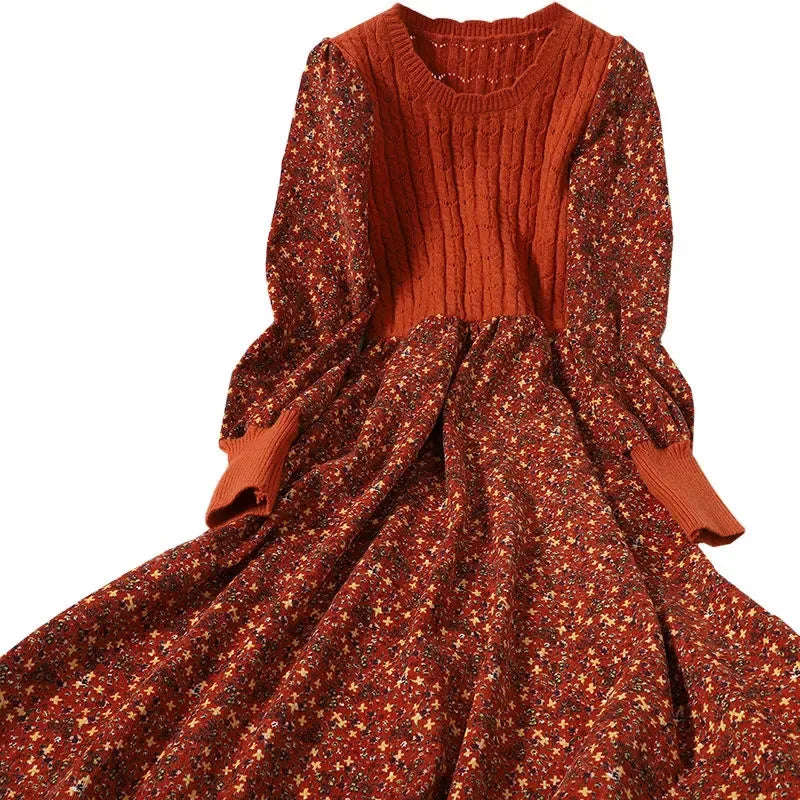 maoxiangshop Corduroy Floral Women Dresses Vintage Knitted Patchwork Vestidos De Mujer Sweet Korean Long Dress A-line