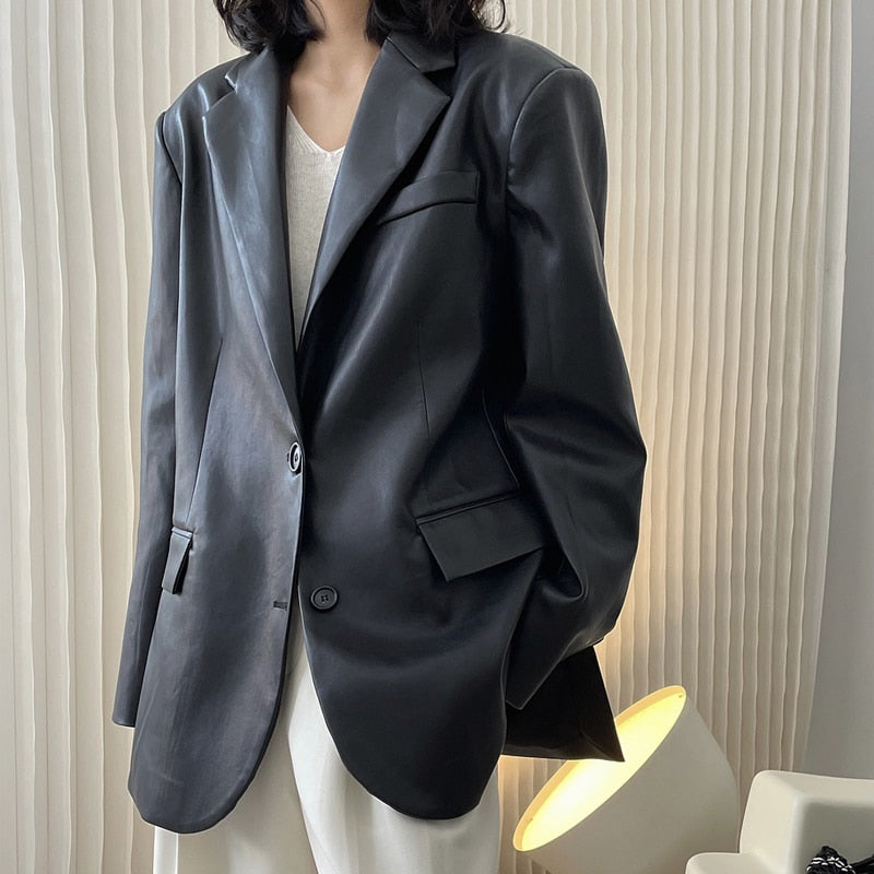 maoxiangshop Autumn and winter women's casual solid color single-breasted pocket decoration loose PU jacket
