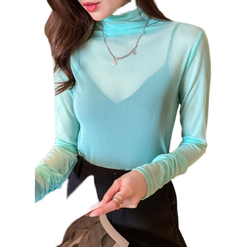 maoxiangshop Size M-3XL Girls Colorful Mesh T-Shirts Tees Female Transparent Long Sleeve Turtleneck Thin Tshirt Tops Women Spring Fall