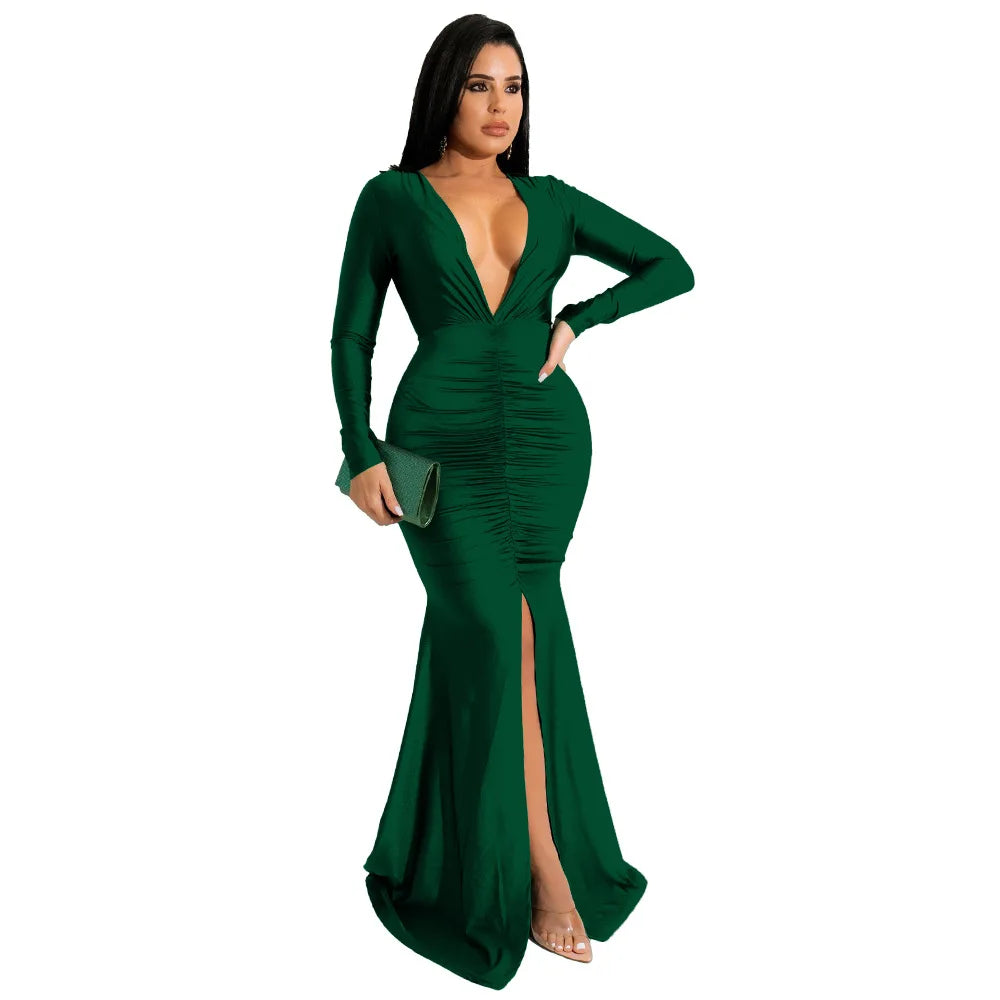 maoxiangshop Dresses for Women Evening Party Dress Long Bodycon Dress Sexy Party Dresses Winter Clothes for Women Long Sleeve V-neck