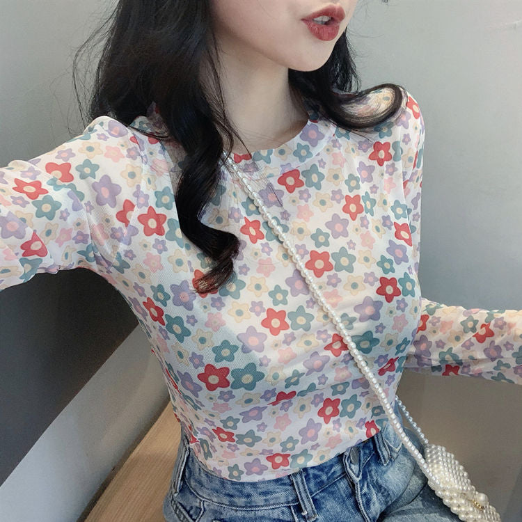 maoxiangshop Angel Print Sheer Blue Black Mesh Long Sleeve Blouse Shirts Women Spring Summer Pullovers Elegant Sexy See Through Tops