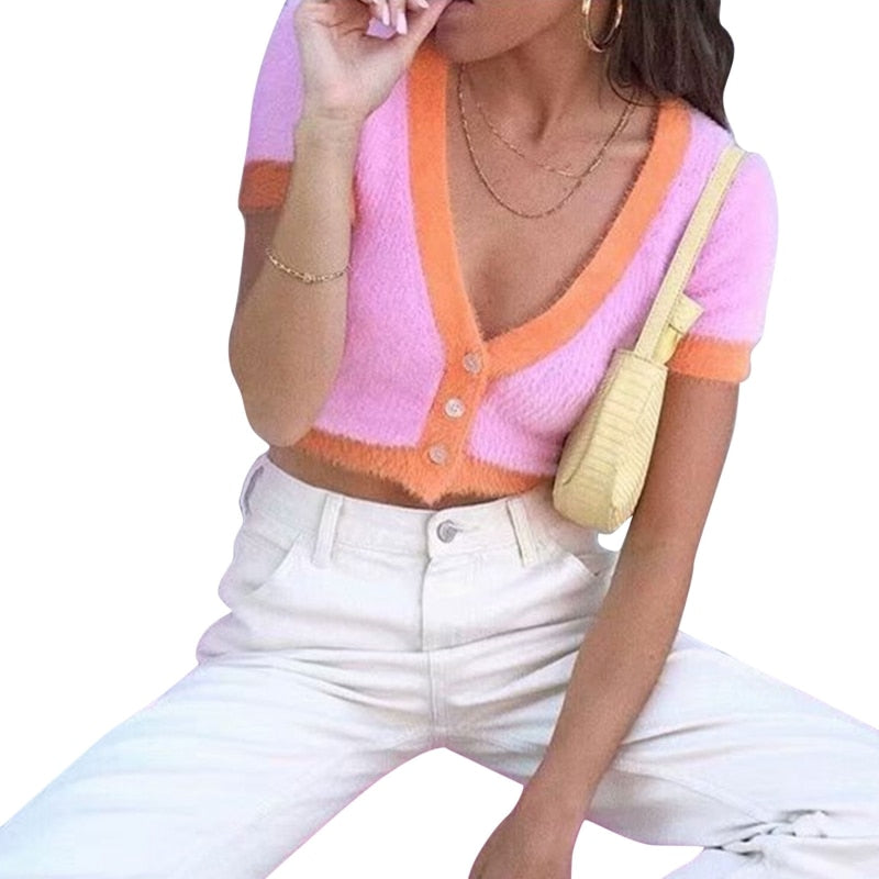 maoxiangshopSummer Knitted Short Sleeve T-shirt Button Up V-neck Crop Top Fashion Clothing Women Streetwear Contrast Color Tops Tee