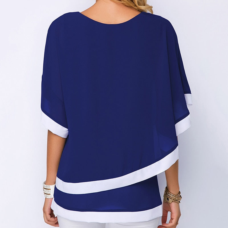 maoxiangshop Blouses For WomenNew Patchwork Double Layer Tops Casual Batwing Tunic Autumn New Chiffon Shirts