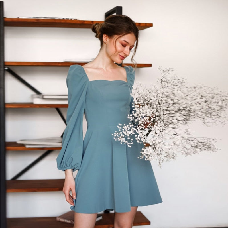 Women Puff Sleeve Casual Mini Dress Square Neck Backless Slim A-line Party Dress Female Vintage Elegant Pink Dresses Spring