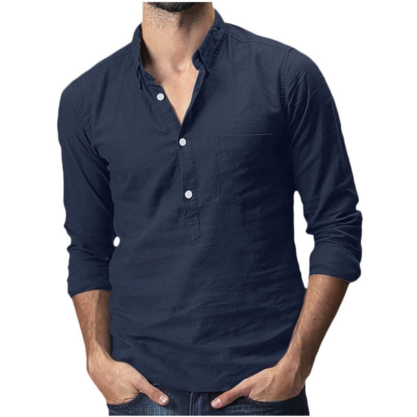 maoxiangshop Summer Hawaiian Shirt Men's Baggy Cotton Linen Solid Pocket Long Sleeve Turn-down Collar Shirts Tops M-3xl Camisas Hombre