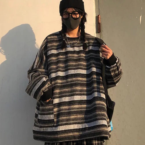 maoxiangshopStriped Sweaters Women Oversize Pullovers Autumn Winter Knit Sweater Hip Hop Ulzzang BF Unisex Jumper Ladies Retro Couples Tops