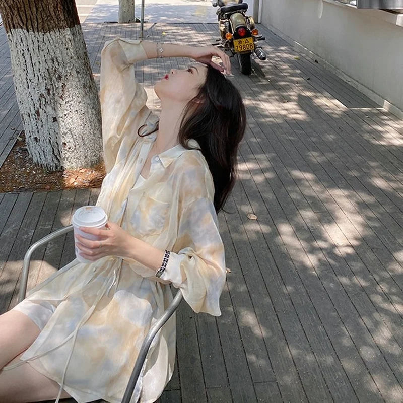 maoxiangshop 2 Pieces Sets Women Outfits Summer Sun-proof Chiffon All-match Tie Dye Loose Casual Shorts Street Ulzzang Fashion College Daily