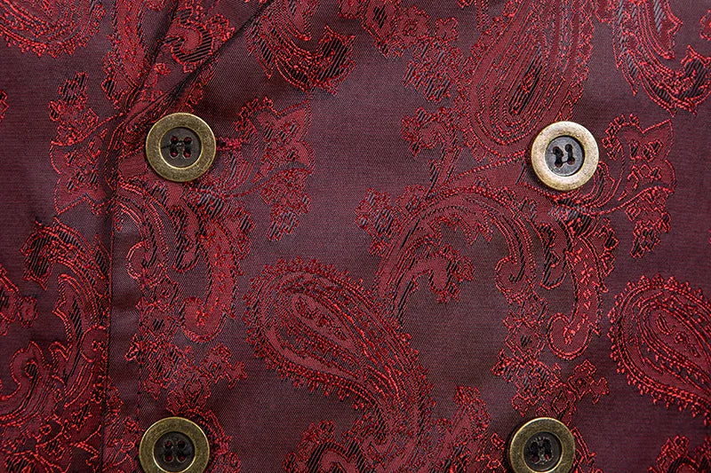 maoxiangshop Wine Red Paisley Jacquard Long Vest Men Double Breasted Lapel Brocade Vest Waistcoat Mens Gothic Steampunk Sleeveless Tailcoat