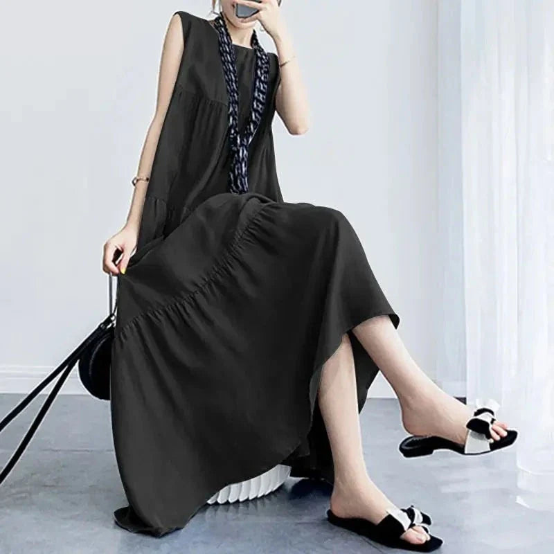 maoxiangshop Stylish Women's Ruffle Sundress Solid Summer Dress Casual Sleeveless Maxi Vestidos Female O neck Robe Oversized