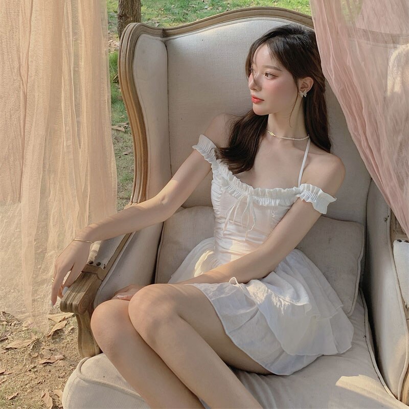 maoxiangshop Summer Kawaii Party Strap Dress Women Casual Holiday Beach Sexy Mini Dress Designer Ruffles Sweet Princess Fairy Dress Y2K