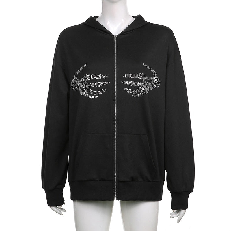 Women Autumn Hoodies Rhinestone Hooded Long Sleeve Zip-Up Jacket with Pockets for Female Black Brown Red
