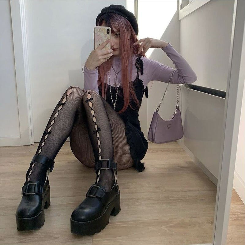 maoxiangshop Lolita Goth Lace Stockings Women Harajuku Tights Elastic High Waist Pantyhose Hollow Sexy Leggings with Bowknot 90s