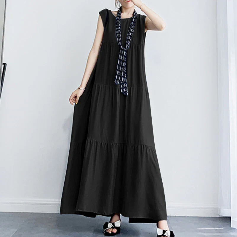 maoxiangshop Stylish Women's Ruffle Sundress Solid Summer Dress Casual Sleeveless Maxi Vestidos Female O neck Robe Oversized