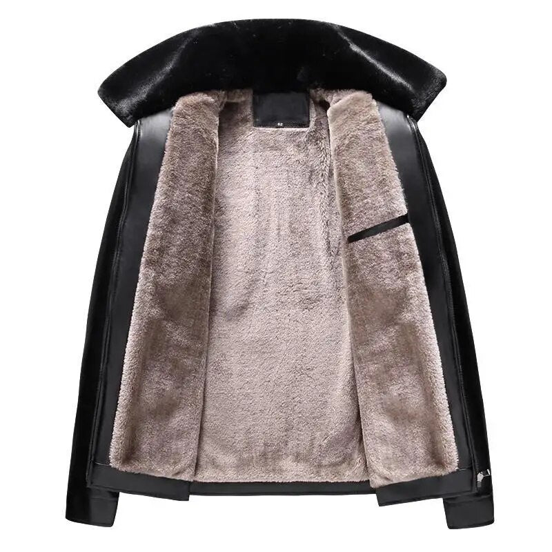 maoxiangshop Winter Men's Leather Plus Velvet Thick Fur One Lapel Leather Jacket Warm Casual Slim Smart Mens Leather Jacket Male Winter Coats