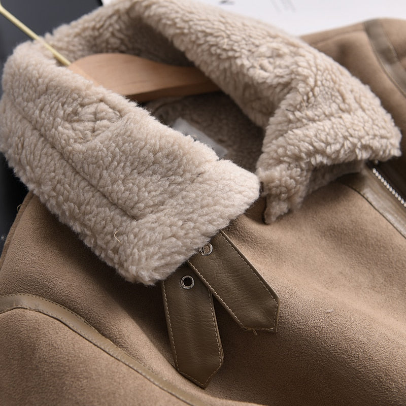 maoxiangshop Winter Women Thick Warm Suede Lamb Jacket Short Motorcycle Brown Coats Faux Shearling Sheepskin Leather Jackets Outwear