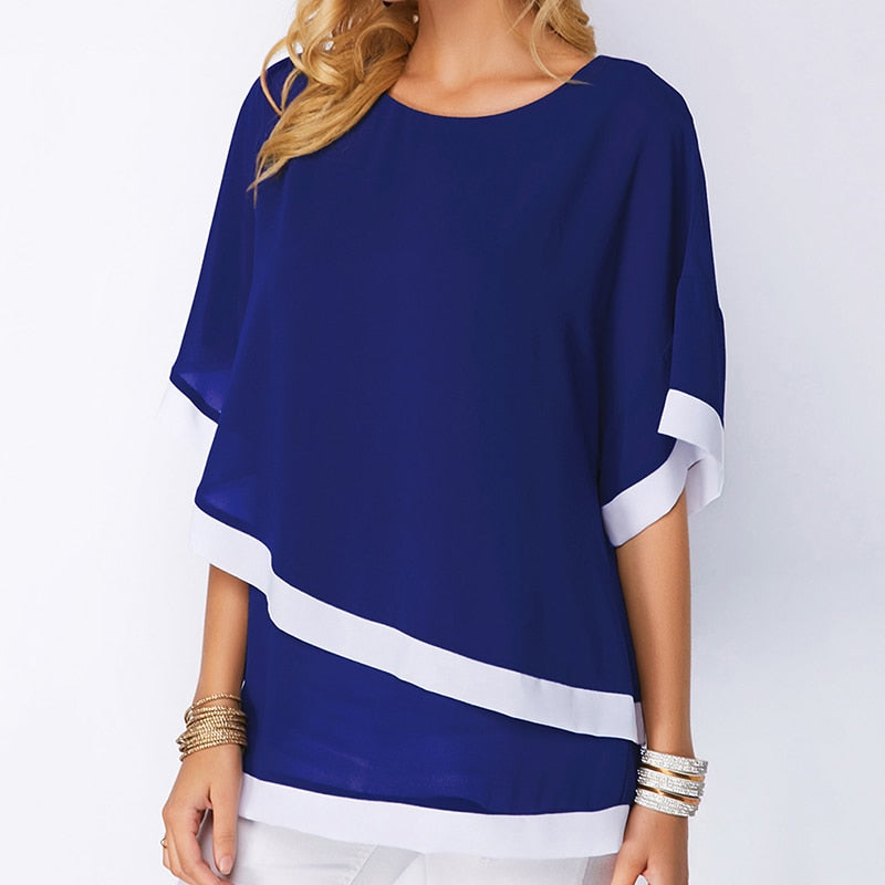 maoxiangshop Blouses For WomenNew Patchwork Double Layer Tops Casual Batwing Tunic Autumn New Chiffon Shirts