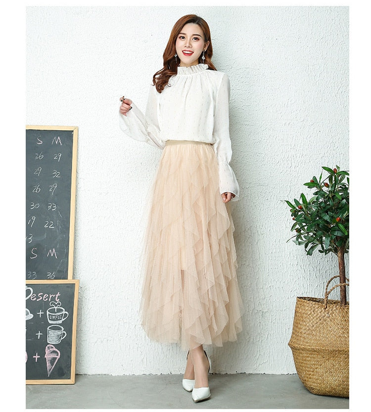 maoxiangshop Fashion Tutu Tulle Skirt Women Long Maxi Skirt Spring Summer Korean Black Pink High Waist Pleated Skirt Female