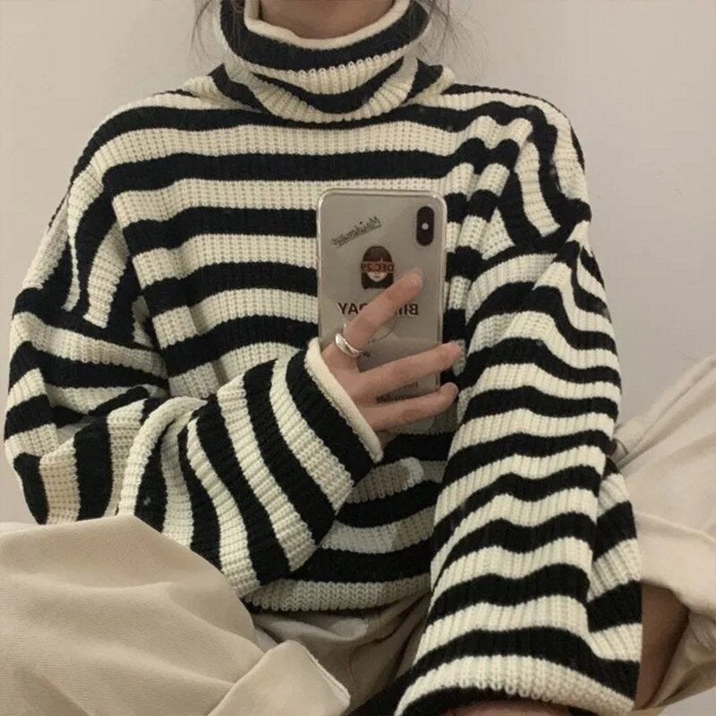 Winter Stripe Sweaters Women Turtleneck Sweater Knitted Harajuku Pullover Thicken Warm Jumper Female Long Sleeve Sueter Mujer