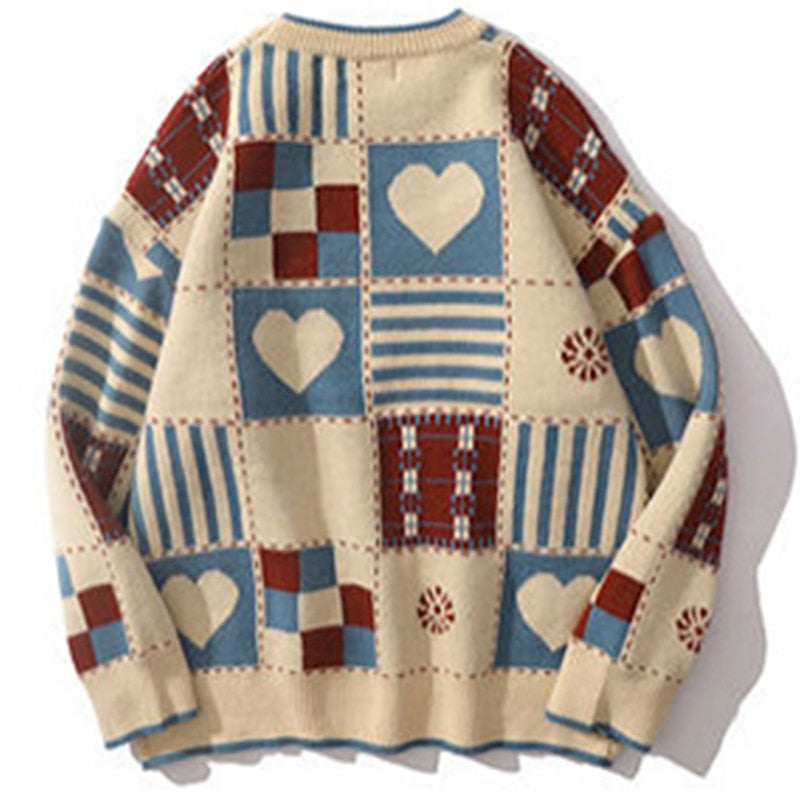 maoxiangshop Vintage Sweater Mens Hip Hop Streetwear Harajuku Retro Japanese Style Love Knitted Sweater Couples Autumn Cotton Pullover